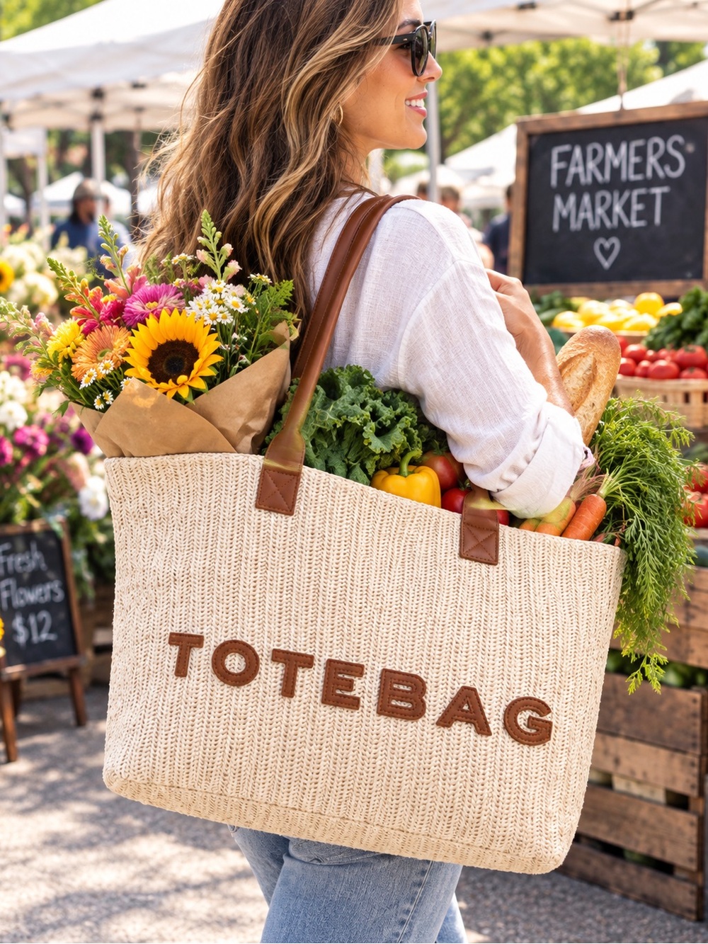 Fashionable Cream Tote Bag & Brown Leather Handles